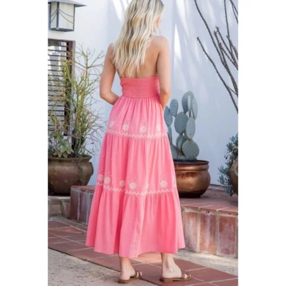 Rose Embroidered Floral Smocked Waist Gauze Summer Casual Halter Maxi Dress - Picture 4 of 5